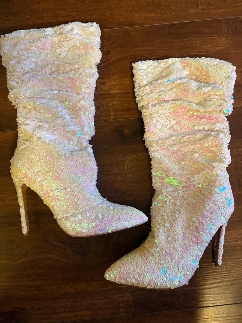 Unbranded Iridescent Sequin Slouchy Stiletto Boots - Cream